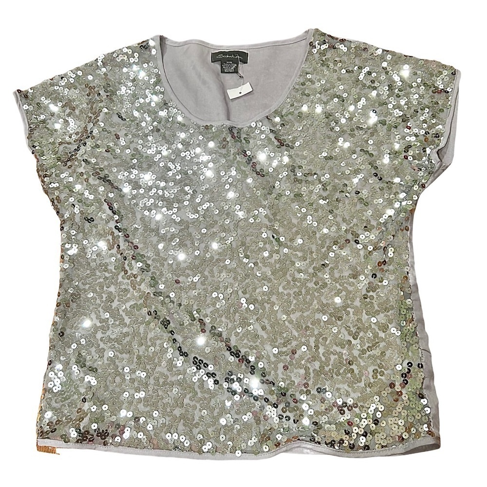 Sparkly Silver Sequin Shortsleeved Top by Seductions - New Size Medium 💍 - Picture 4 of 12
